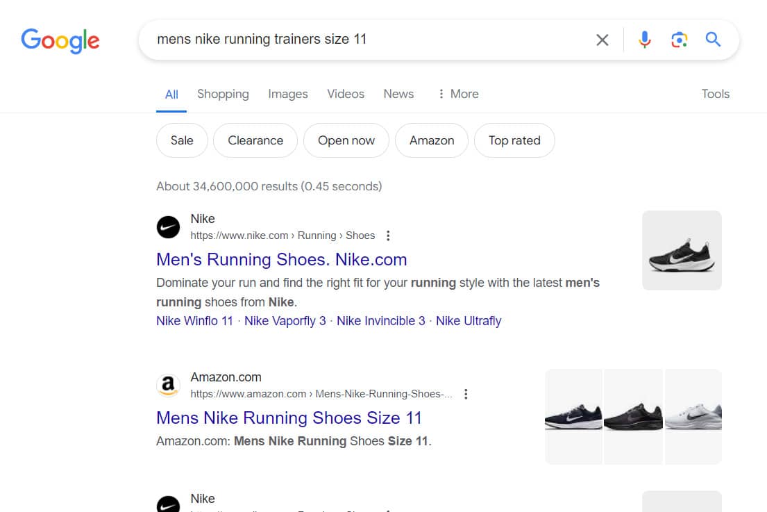 A Google search results page for 'mens nike running trainers size 11'